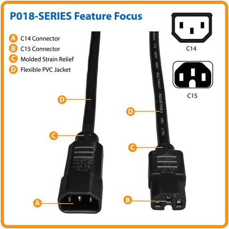 Tripp Lite Series Power Cord C14 to C15 - Heavy-Duty, 15A, 250V, 14 AWG, 3 ft.