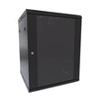 A black wall mount cabinet with a glass front door and locking side panels, constructed from light duty steel with visible venting on the front and side.