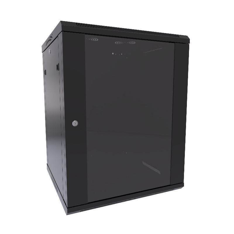 A black wall mount cabinet with a glass front door and locking side panels, constructed from light duty steel with visible venting on the front and side.