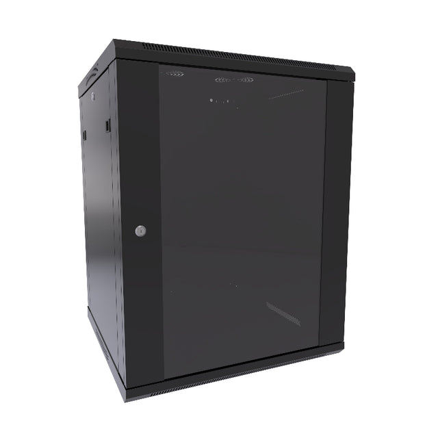 A black wall mount cabinet with a glass front door and locking side panels, constructed from light duty steel with visible venting on the front and side.
