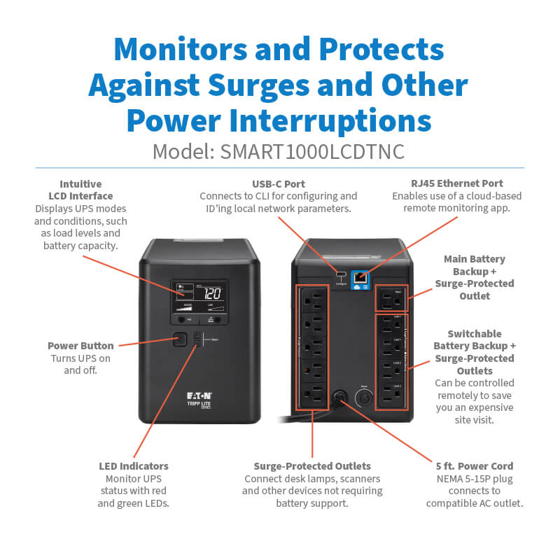 Tripp Lite Cloud-Connected UPS Line-Interactive 1000VA 600W 120V Tower