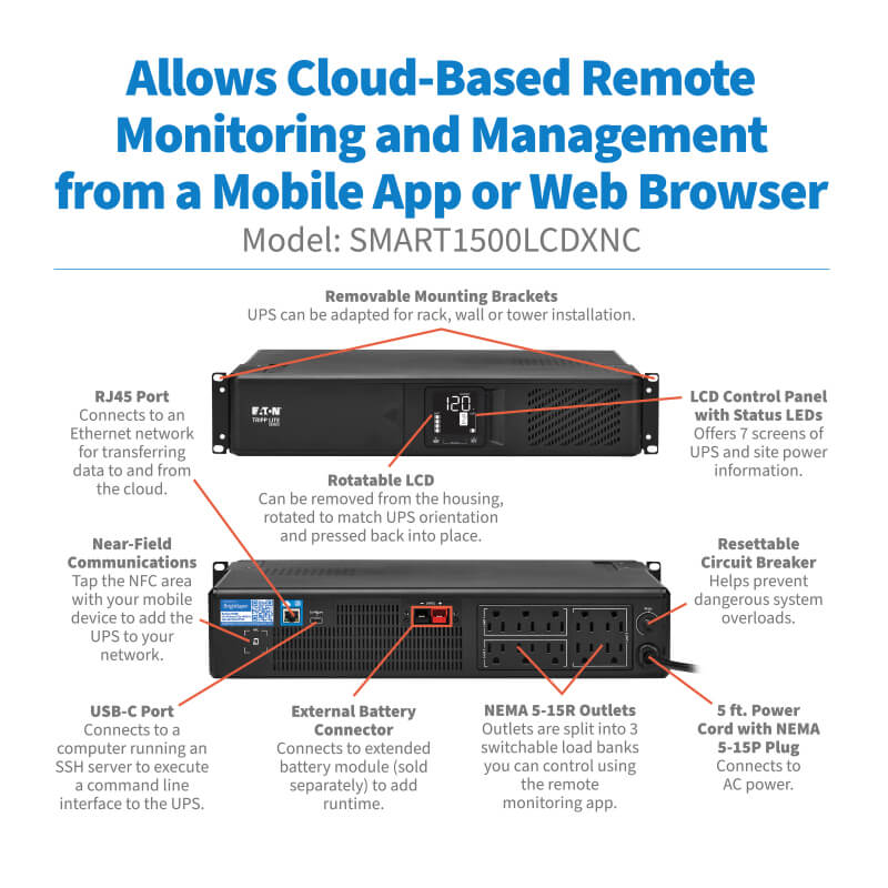 Tripp Lite Cloud-Connected UPS Line-Interactive 1500VA 900W 120V Rack 2U